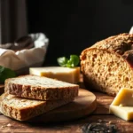 Rustic table with a loaf of whole wheat bread, assorted cheeses, fresh basil leaves, and cherry tomatoes under warm natural lighting