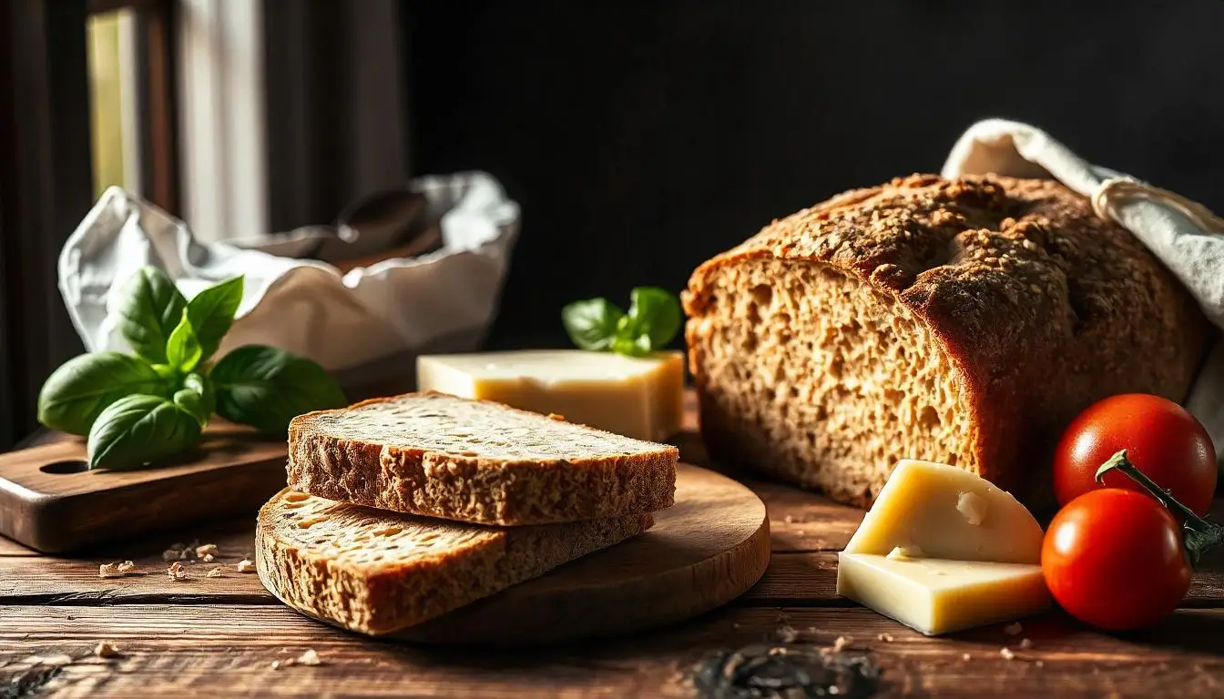 Rustic table with a loaf of whole wheat bread, assorted cheeses, fresh basil leaves, and cherry tomatoes under warm natural lighting