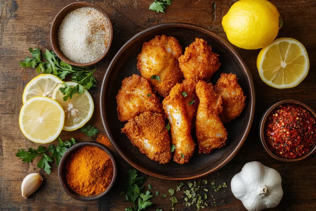 Golden fried fish served with spices like paprika, turmeric, and cumin on a rustic table, introducing which spice is good for frying fish.