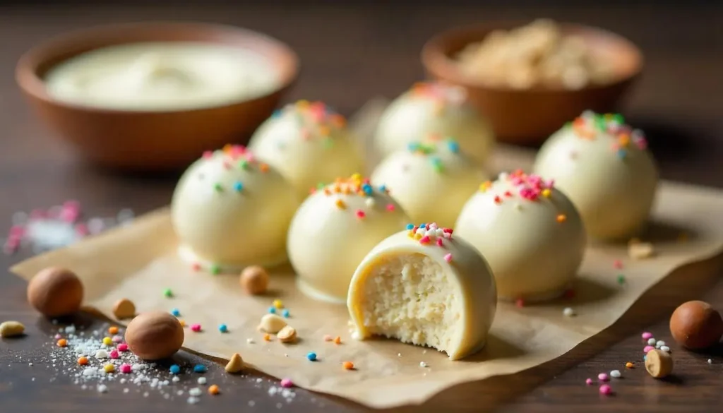 White chocolate cream cheese truffles with various toppings and dipping process