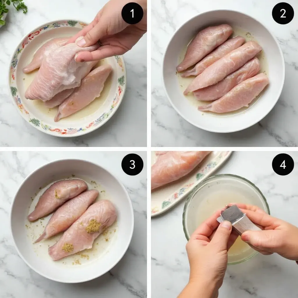 Fresh fish being cleaned and prepared on a tidy workspace with a bowl of water and essential kitchen utensils.