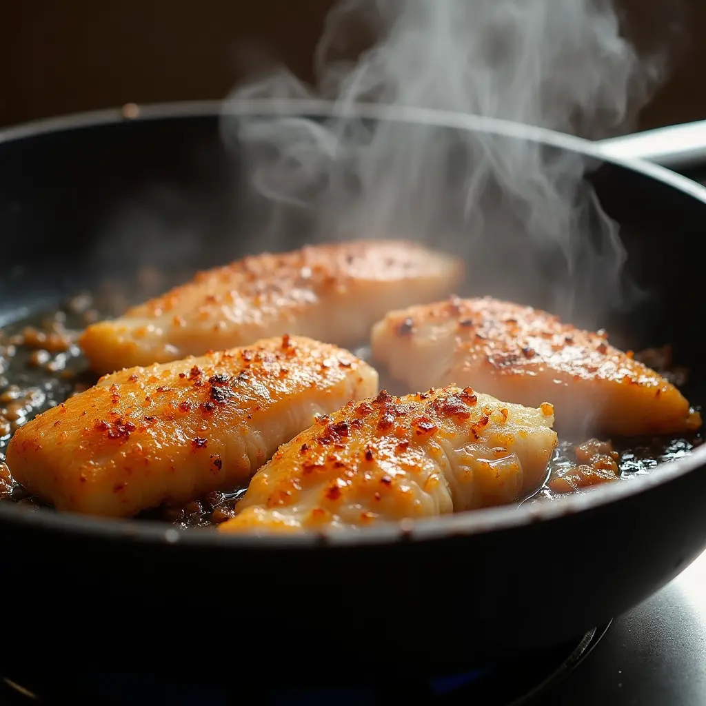 Golden-brown crispy fried fish sizzling in a pan, with aromatic steam rising.