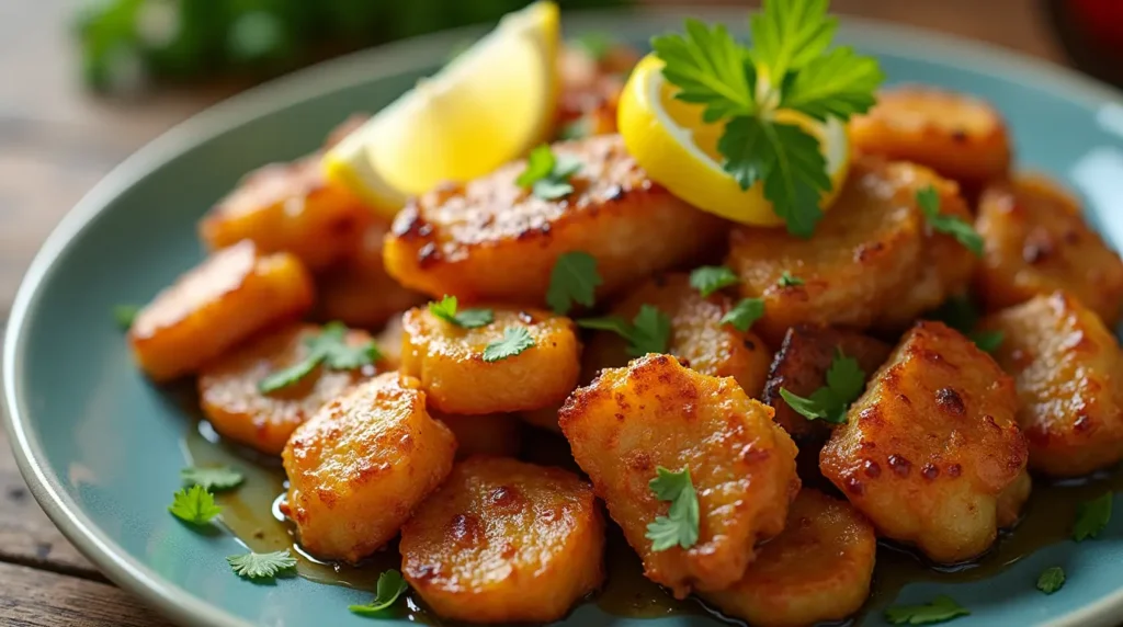 Close-up view of a beautifully plated dry fish fry garnished with fresh herbs and lemon slices.