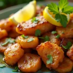 Close-up view of a beautifully plated dry fish fry garnished with fresh herbs and lemon slices.