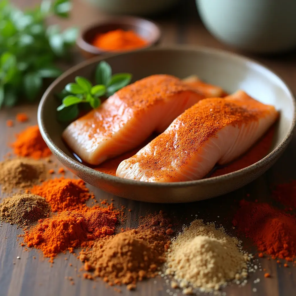 Chunks of fish coated in a colorful and aromatic spice mix with an assortment of spices displayed in the background.