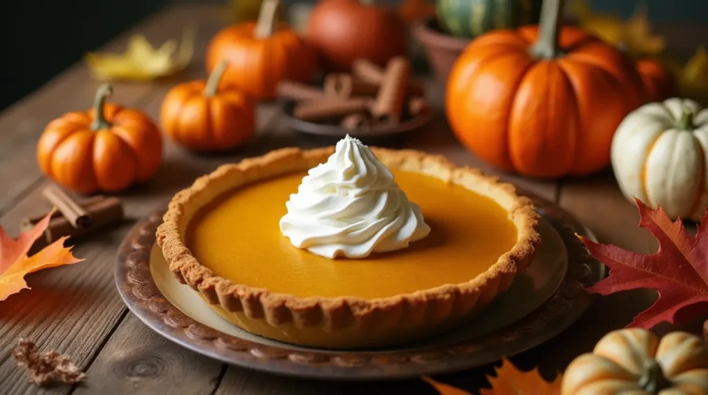 An autumn-themed table setting featuring a freshly baked pumpkin pie with whipped cream, surrounded by pumpkins, cinnamon sticks, and colorful fall leaves on a rustic wooden table.