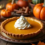 An autumn-themed table setting featuring a freshly baked pumpkin pie with whipped cream, surrounded by pumpkins, cinnamon sticks, and colorful fall leaves on a rustic wooden table.