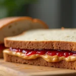 Final bread grain peanut butter and jelly recipe with whole grain bread, creamy peanut butter, and strawberry jelly on a wooden cutting board.