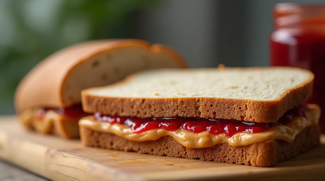 Final bread grain peanut butter and jelly recipe with whole grain bread, creamy peanut butter, and strawberry jelly on a wooden cutting board.