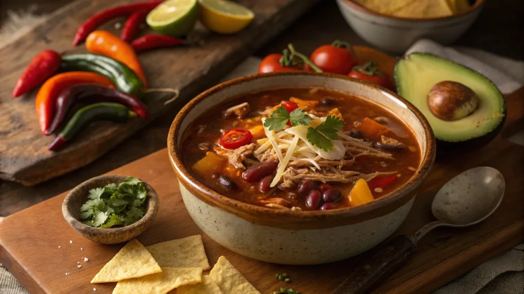 Steaming bowl of Frios taco soup in a rustic bowl, topped with cheese, cilantro, and colorful Tex-Mex ingredients