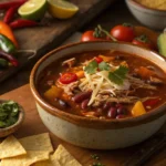 Steaming bowl of Frios taco soup in a rustic bowl, topped with cheese, cilantro, and colorful Tex-Mex ingredients