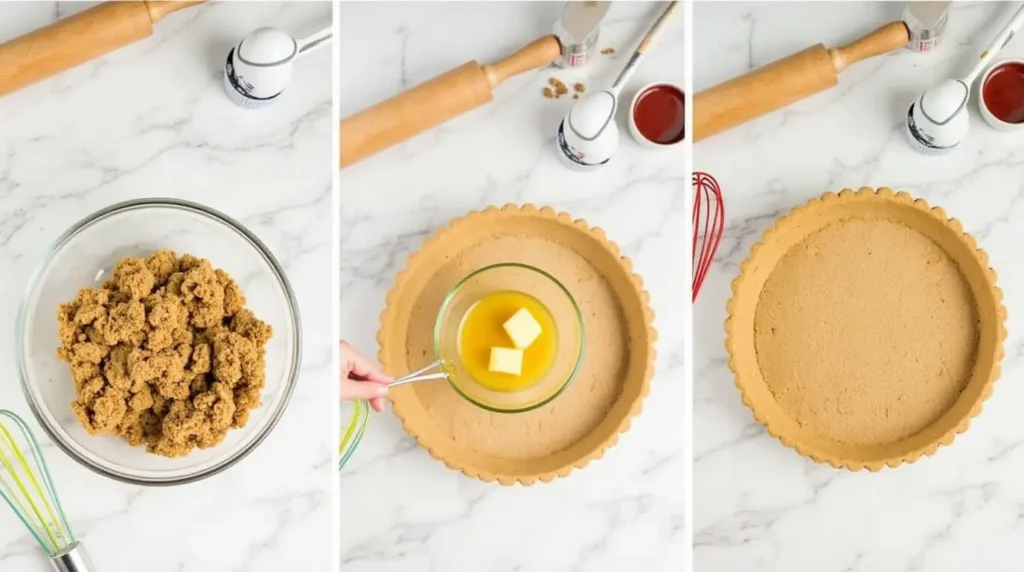 tep-by-step process of making a cookie crumb crust for a pumpkin pie, showing crushed cookies, melted butter, and the mixture being pressed into a pie dish on a kitchen counter.