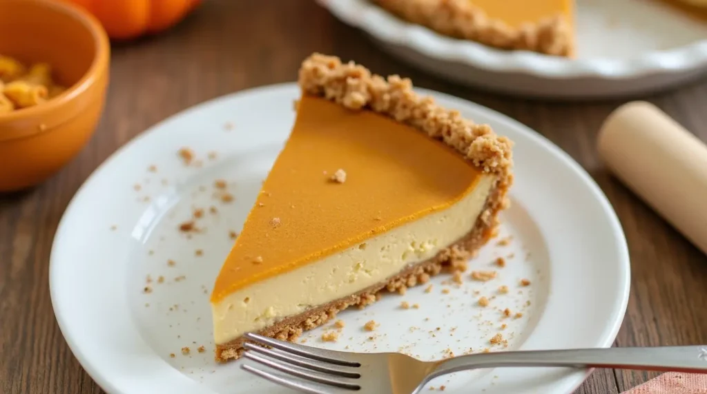 A close-up of a slice of Milk Bar-style pumpkin pie with a creamy filling and cookie crumb crust, served on a white plate with cinnamon garnish and baking ingredients in the background.