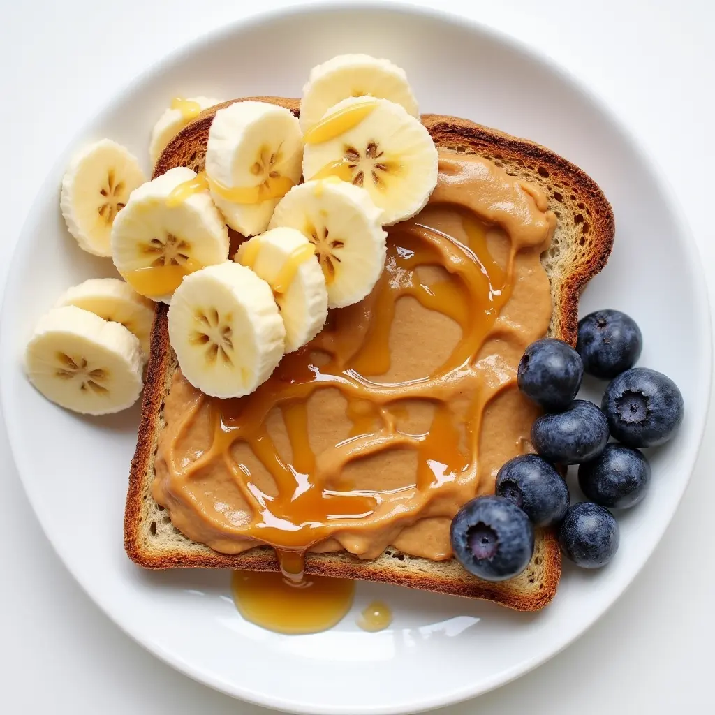 Creative variation of bread grain peanut butter and jelly recipe with banana slices, honey drizzle, and fresh blueberries on a white plate.