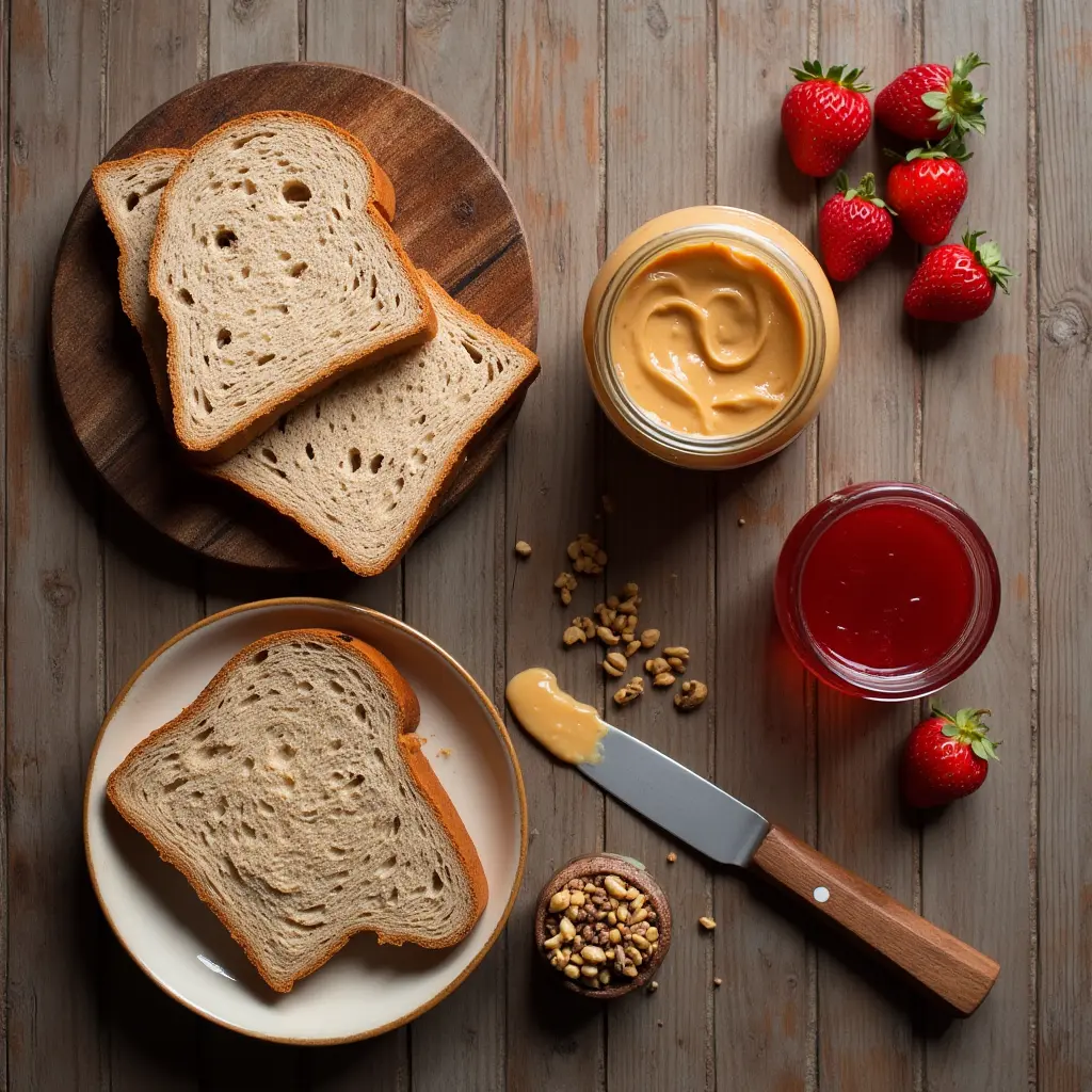 Ingredients for bread grain peanut butter and jelly recipe, including whole grain bread, creamy peanut butter, and strawberry jelly on a rustic table.