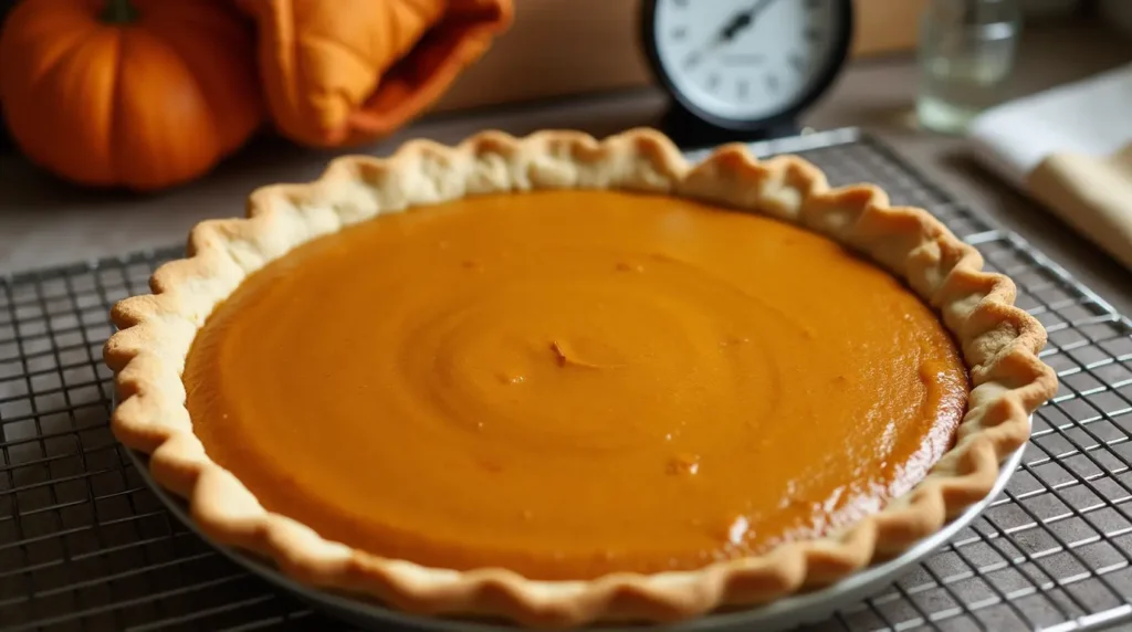 A perfectly baked pumpkin pie fresh out of the oven, sitting on a cooling rack with a golden crust and smooth filling, alongside an oven mitt, kitchen timer, and thermometer.