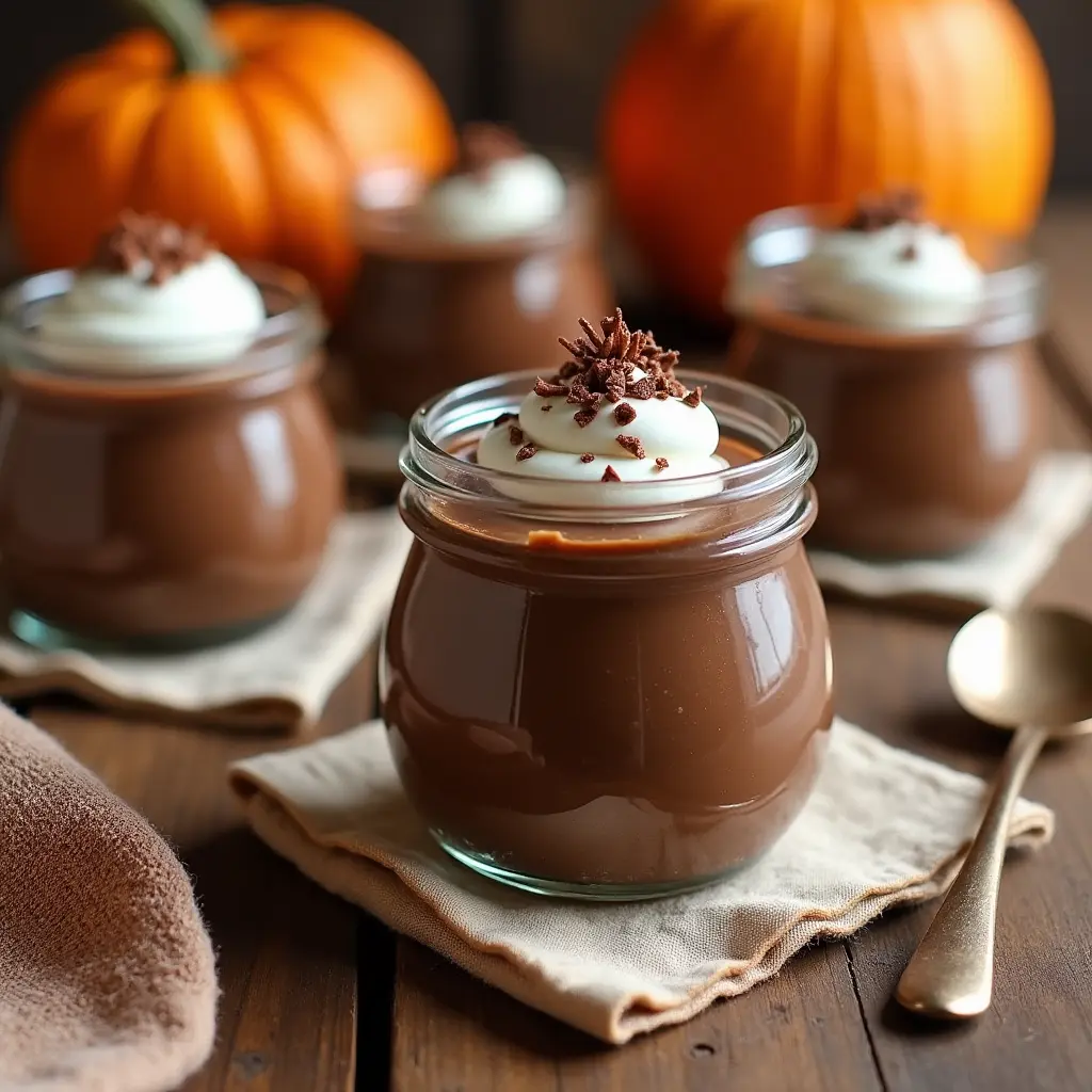 Pumpkin dark chocolate mousse stored in small glass jars with lids, perfect for storing leftovers or serving at fall gatherings.