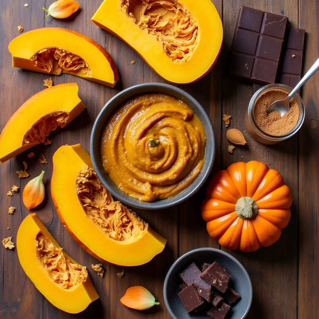 Step-by-step process of making pumpkin dark chocolate mousse, showing melted chocolate being folded into pumpkin puree in a mixing bowl.