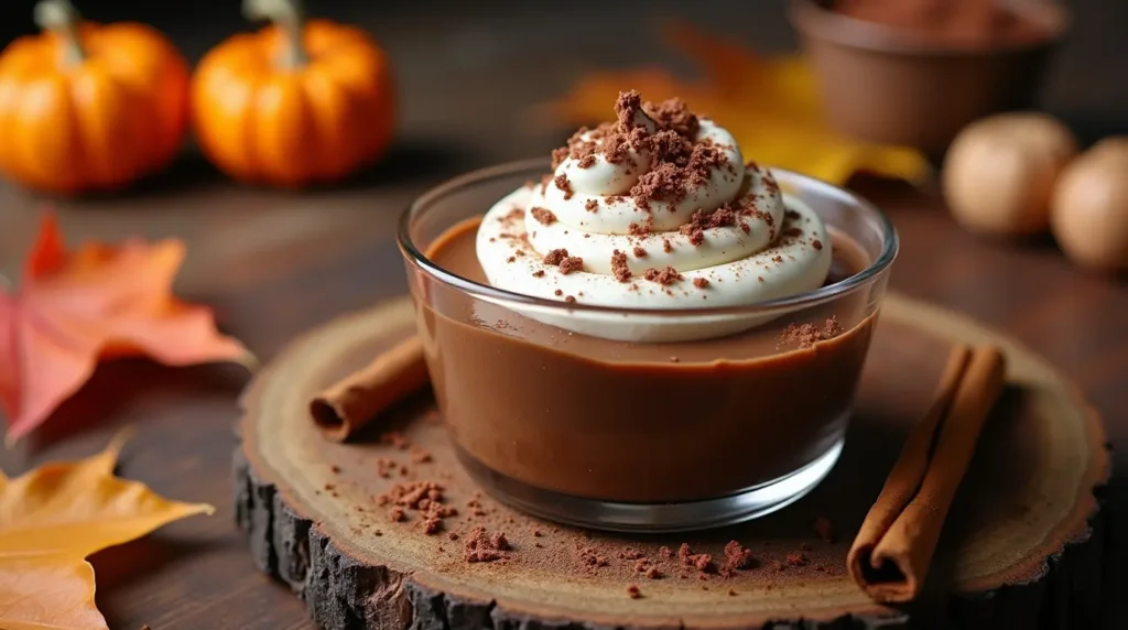 Delicious pumpkin dark chocolate mousse served in a glass bowl with a garnish of whipped cream and chocolate shavings, perfect for autumn desserts