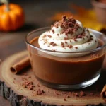 Delicious pumpkin dark chocolate mousse served in a glass bowl with a garnish of whipped cream and chocolate shavings, perfect for autumn desserts