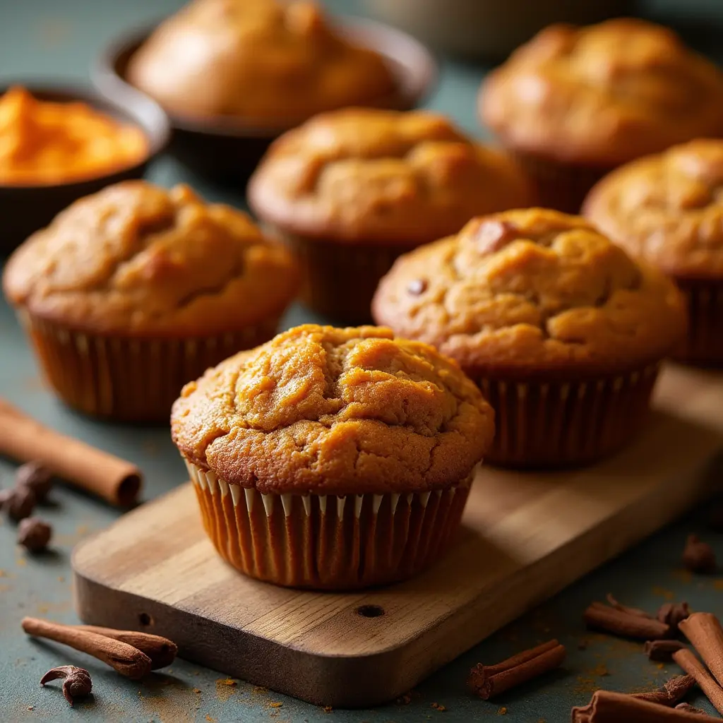 Close-up of freshly baked pumpkin muffins surrounded by cinnamon sticks, nutmeg, and a bowl of pumpkin puree, highlighting the signature fall flavors.