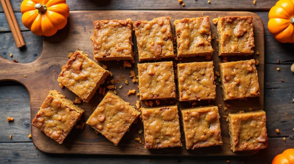 Overhead shot of pumpkin spice protein bars cut into squares on a rustic wooden board with fall-themed decorations like cinnamon sticks and small pumpkins.