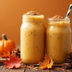 Pumpkin spice protein smoothie surrounded by autumn accents like colorful leaves, cinnamon sticks, and small pumpkins."