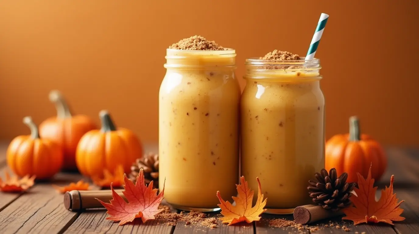 Pumpkin spice protein smoothie surrounded by autumn accents like colorful leaves, cinnamon sticks, and small pumpkins."