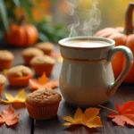 A cozy autumn scene featuring pumpkin treats, including muffins and lattes, on a rustic wooden table with fall leaves in the background.