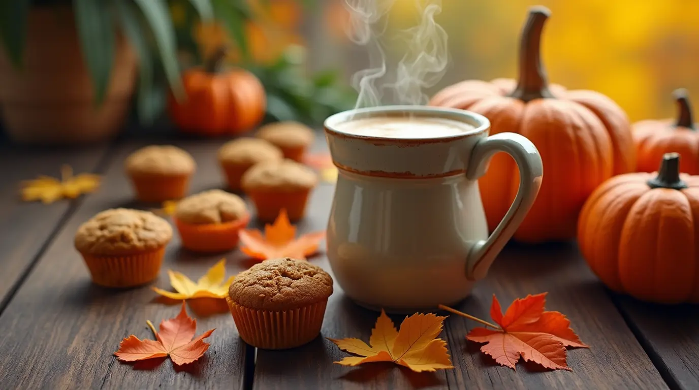 A cozy autumn scene featuring pumpkin treats, including muffins and lattes, on a rustic wooden table with fall leaves in the background.