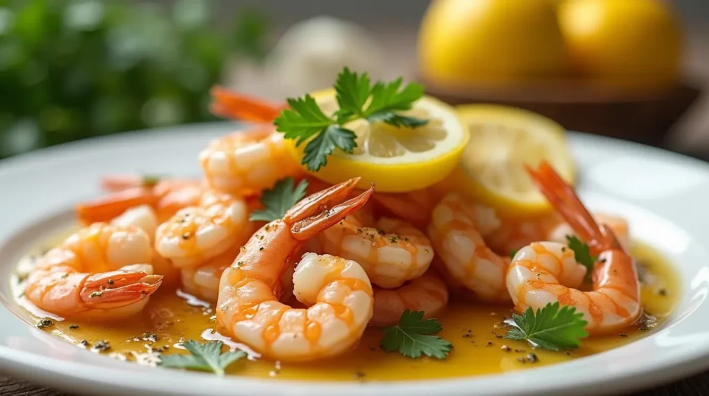 Final plated shrimp garlic recipe -butter featuring succulent shrimp, golden garlic sauce, and fresh lemon slices.