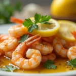 Final plated shrimp garlic recipe -butter featuring succulent shrimp, golden garlic sauce, and fresh lemon slices.